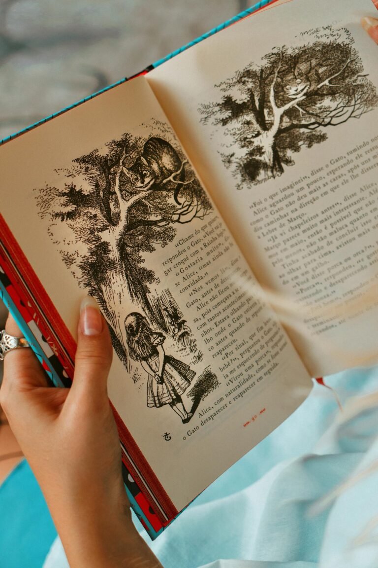 Hands holding an open storybook with detailed illustrations of a fairytale scene.